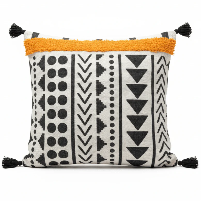 AKDC 45 cm Square Cotton Cushion – Stylish Black and White Decorative Throw Pillow for Sofa Couch Bed and Modern Home Decor