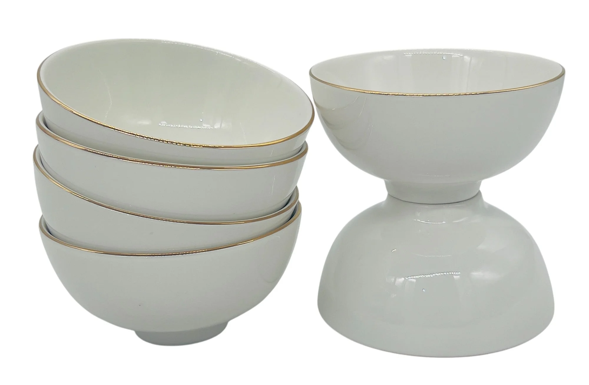 AKDC 6pc Porcelain Rice Bowl 4.5", White and Gold Rim