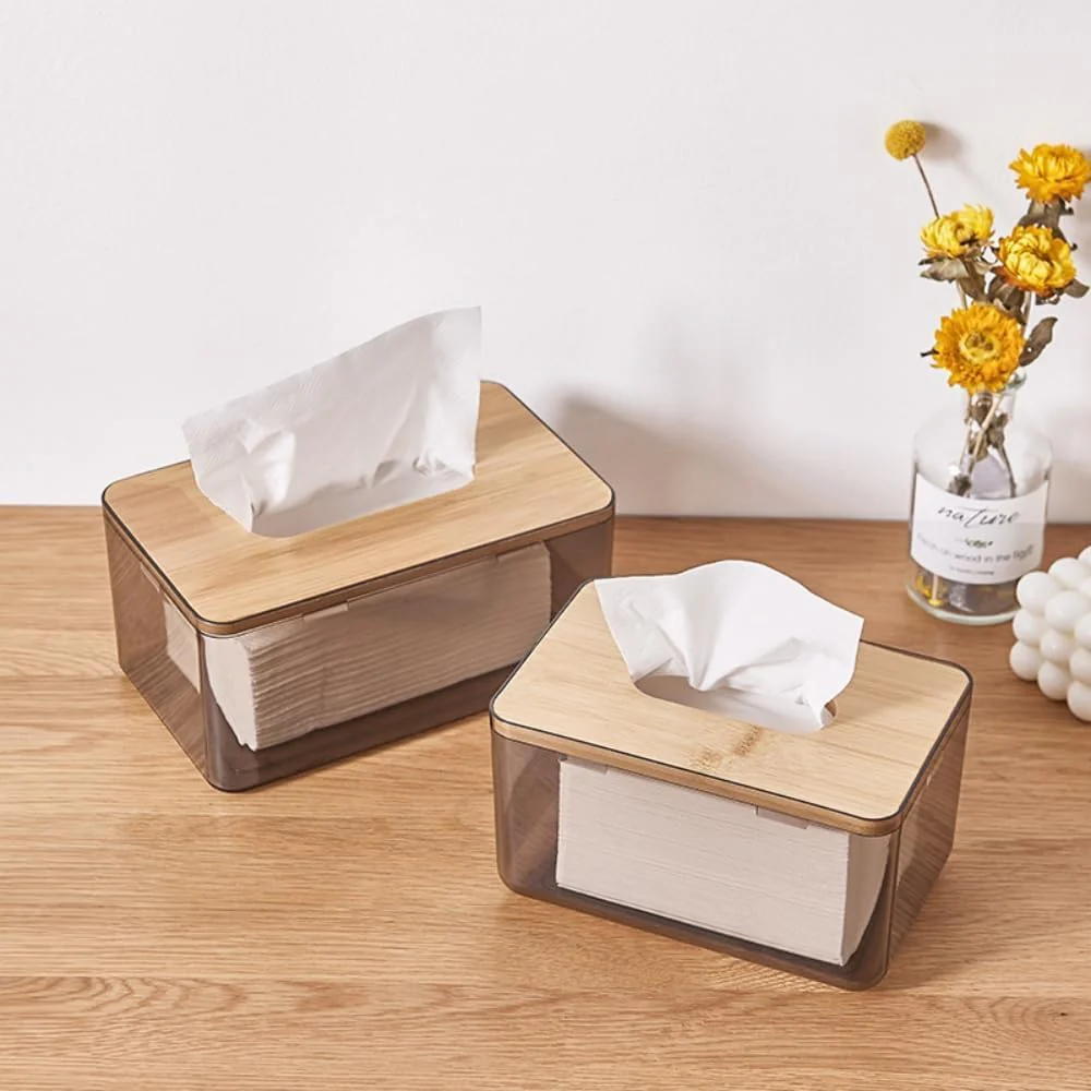 AKDC Acrylic & Wood Rectangular Tissue Box Holder (21.5x13.5x10cm) - Image 2