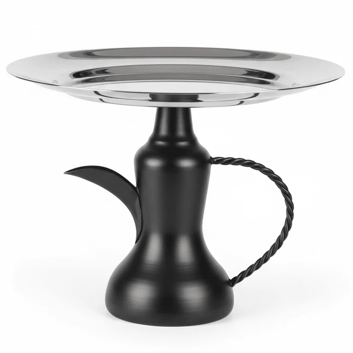 AKDC Arabian Style Silver Candy Serving Tray with Traditional Black Dallah Base for Premium Presentation – 26×21 cm