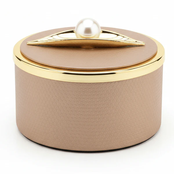 AKDC Beige Metal Candy Box with Faux Leather Finish & Lid – Modern Decorative Storage Box 15×8 cm