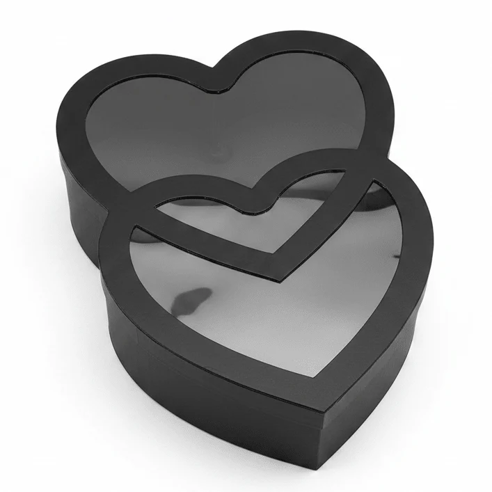 AKDC Black Double Heart Cardboard Gift Box with Clear Plastic Cover for Premium Gift Packaging, Hampers & Romantic Occasions – 32×22×10 cm