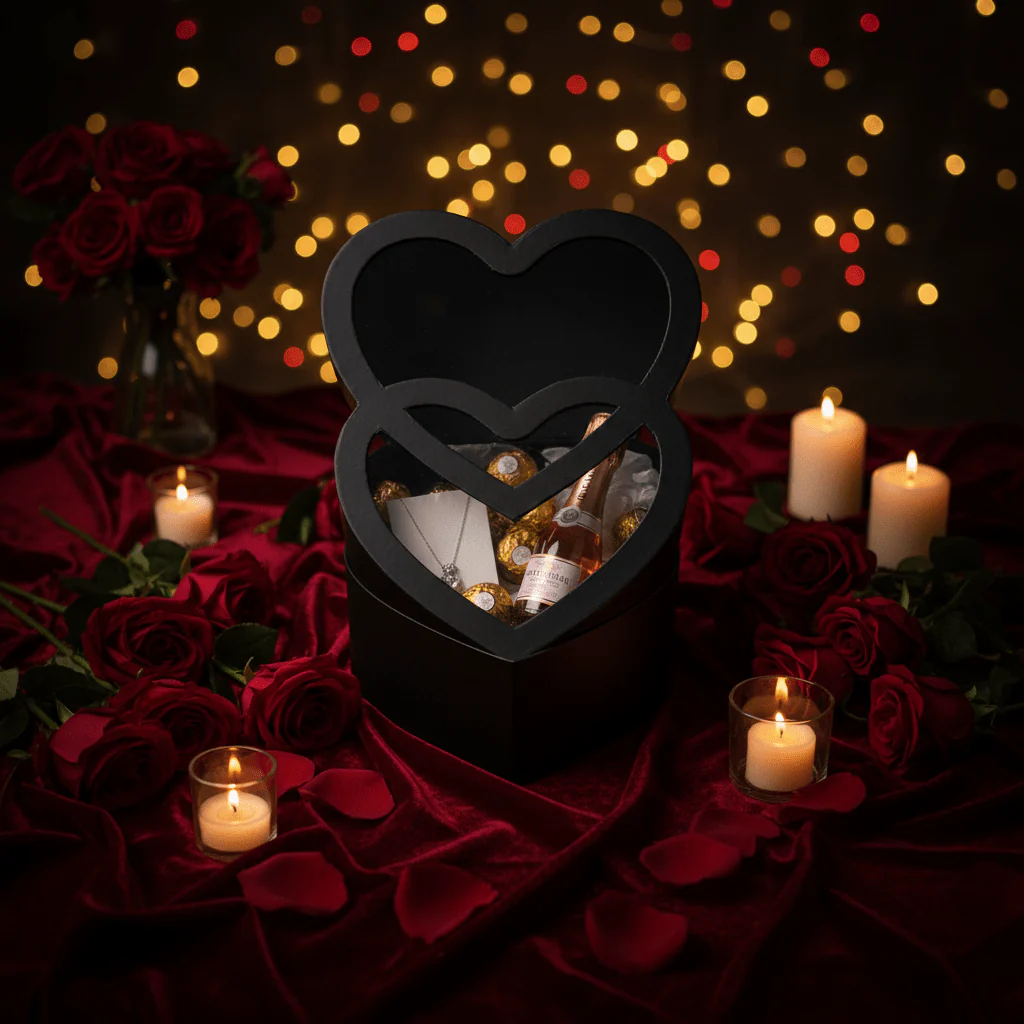 AKDC Black Double Heart Cardboard Gift Box with Clear Plastic Cover for Premium Gift Packaging, Hampers & Romantic Occasions – 32×22×10 cm - Image 2