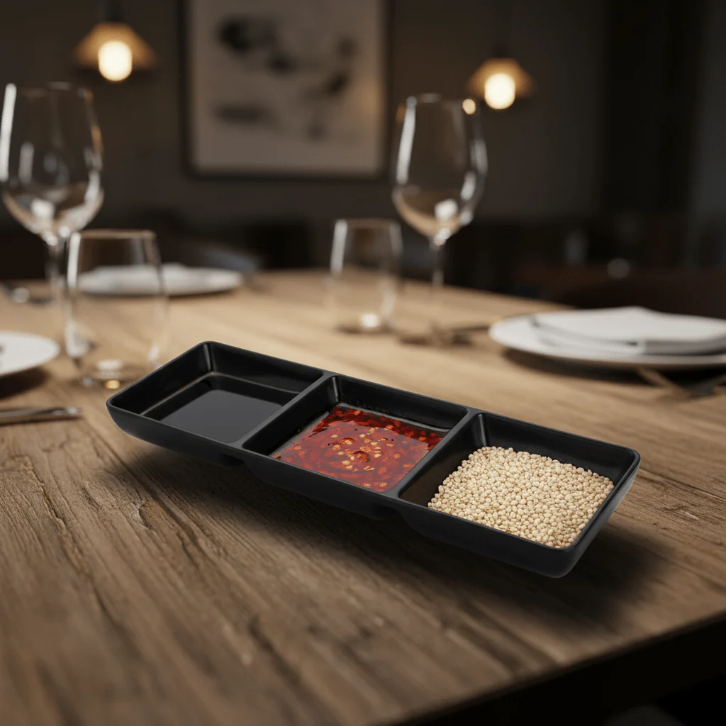 AKDC Black Melamine Rectangle 3 Portion Sauce Bowl 3.5 Inch Stylish Multi Section Sauce Dish - Image 2