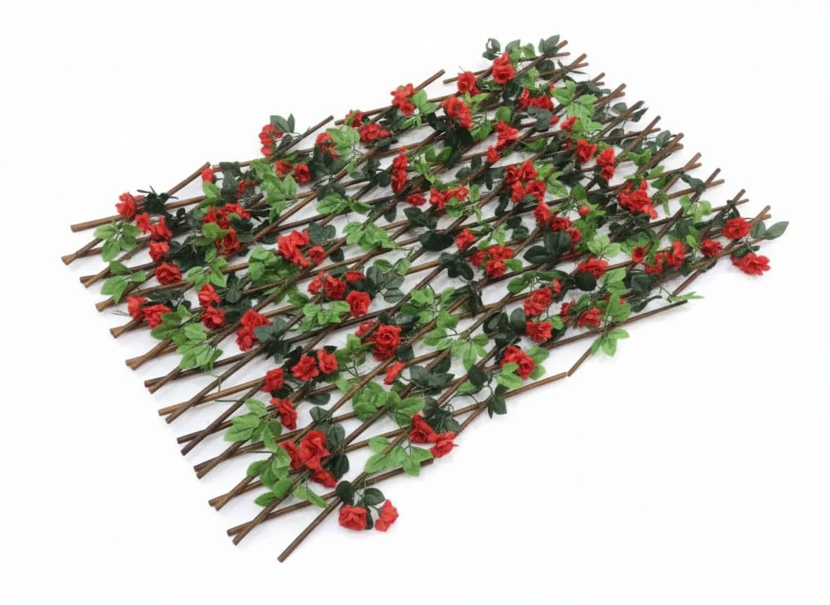 AKDC Bloom Trellis Expandable Wooden Frame with Red Flowers & Green Leaves – 120×20 cm (Unexpanded) Floral Screen