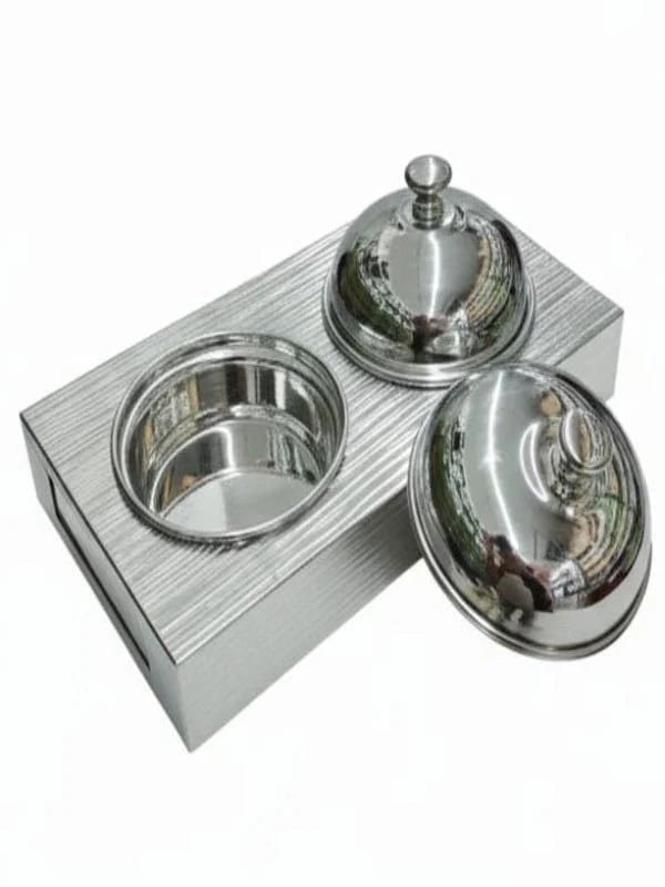 AKDC Candy Bowl Set with Holder (2 Pieces) – Premium Metal Silver Finish, Elegant Tabletop Sweet Serving Set, 17 × 14 × 10 cm - Image 2