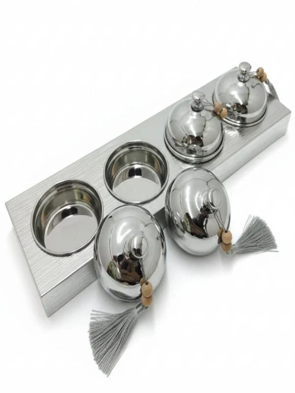 AKDC Candy Bowl Set with Holder (4 Pieces) – Luxury Metal Silver Finish, Complete Decorative Serving Set, 51 × 14 × 10 cm - Image 2