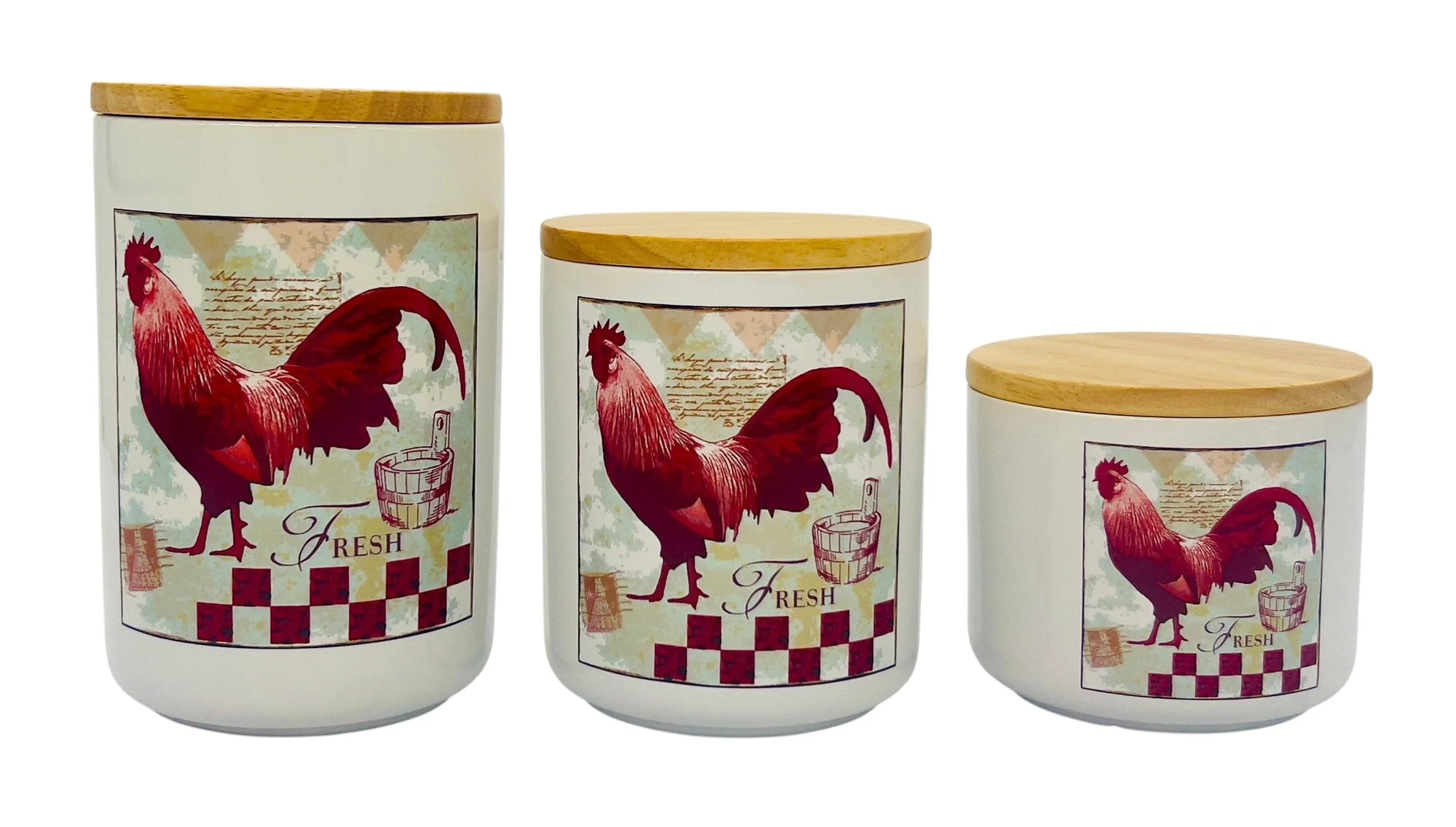 AKDC Ceramic 3pcs Canister Set 350ml+600ml+1000ml with a Wooden Lid, White, XSP612-13