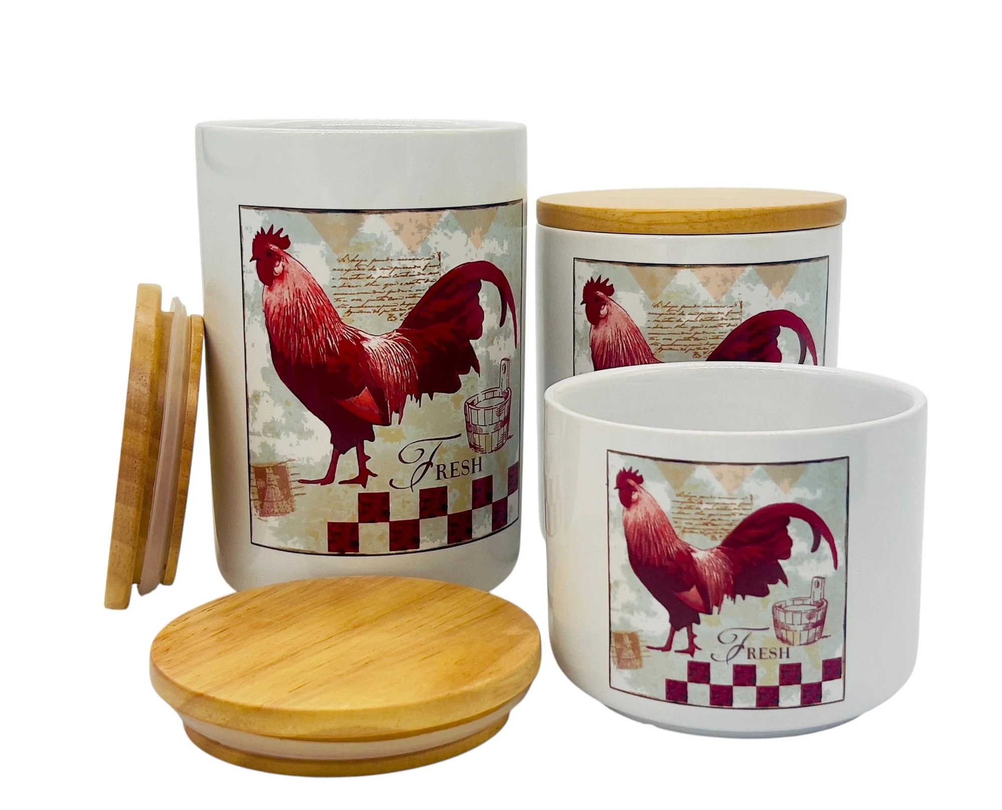 AKDC Ceramic 3pcs Canister Set 350ml+600ml+1000ml with a Wooden Lid, White, XSP612-13 - Image 2