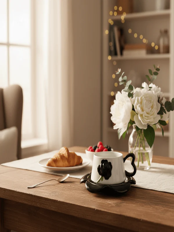 AKDC Ceramic Cup and Saucer Set – Black with White Flower Pattern, 350 ml Coffee & Tea Cup - Image 2