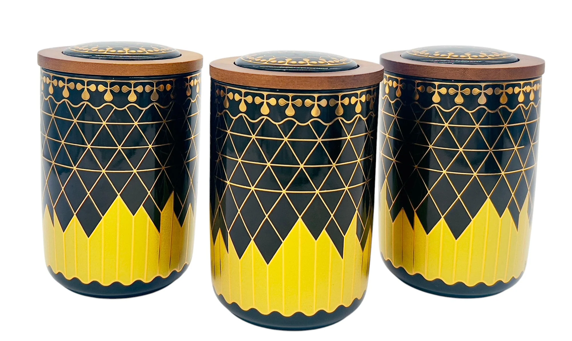 AKDC Ceramic Set of 3 Canister 1 Liter * 3 with a Wooden Lid, Black and Golden Line Design