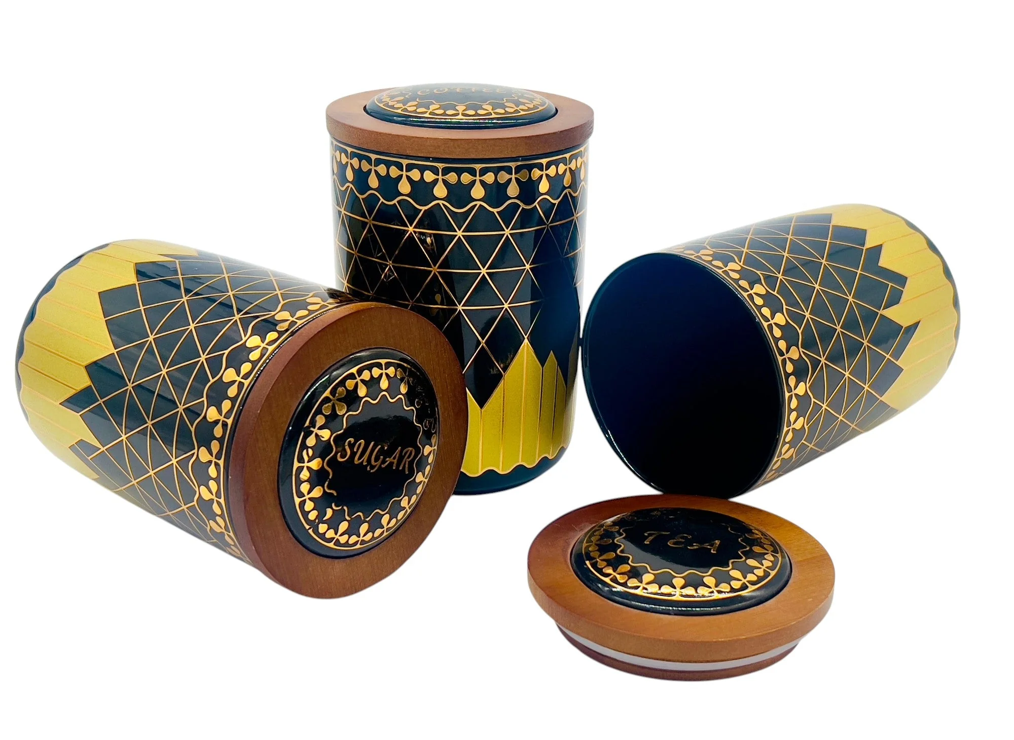 AKDC Ceramic Set of 3 Canister 1 Liter * 3 with a Wooden Lid, Black and Golden Line Design - Image 2