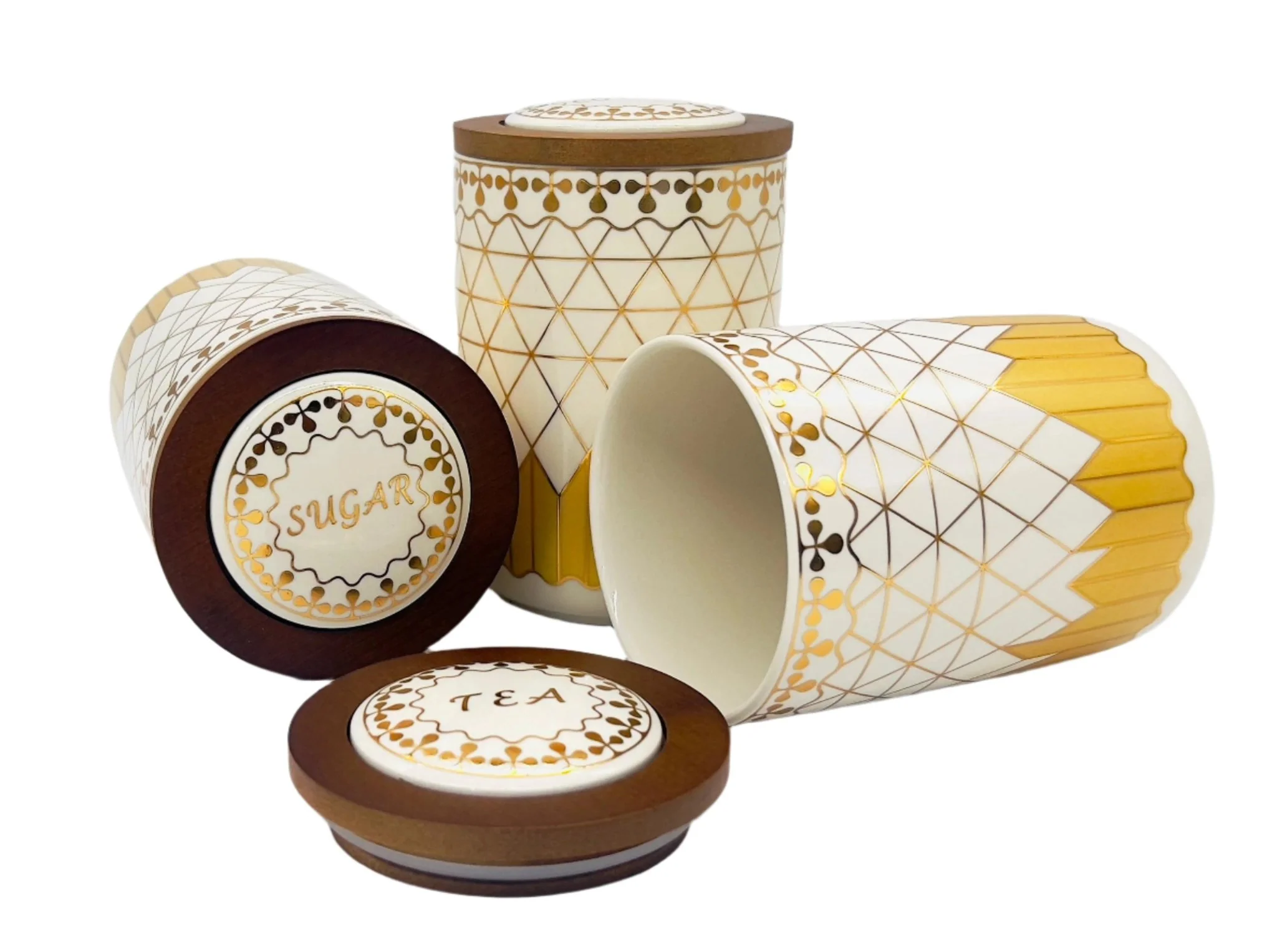 AKDC Ceramic Set of 3 Canister 1 Liter * 3 with Wooden Lid, White and Golden Line Design - Image 2