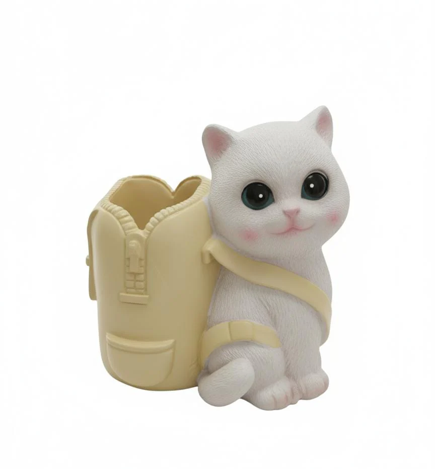 AKDC Charming Polyresin Cat with Bag Pen Holder – White & Yellow Decorative Desk Organizer 12 cm