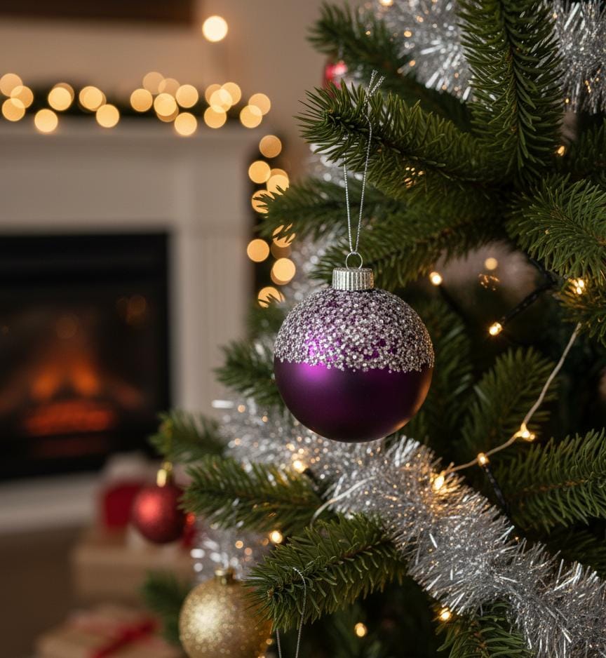 AKDC Christmas 2-Piece Transparent Hanging Ball Ornament Set – Violet with Silver Finish for Sparkling Tree Décor