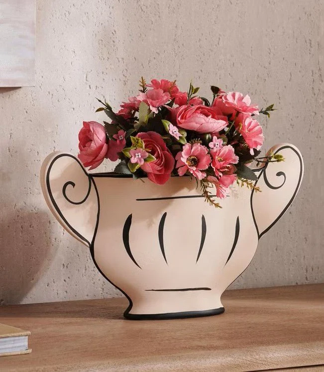 AKDC Classic Urn Style Clay Flower Vase 38cm*6.5cm*22.5cm, Beige and Black - Image 2