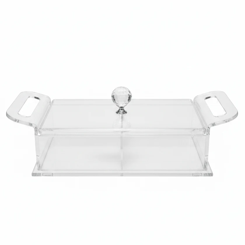 AKDC Clear Acrylic 2 Section Candy Storage Box with Lid Transparent Organizer for Sweets and Snacks 25x13x6 cm