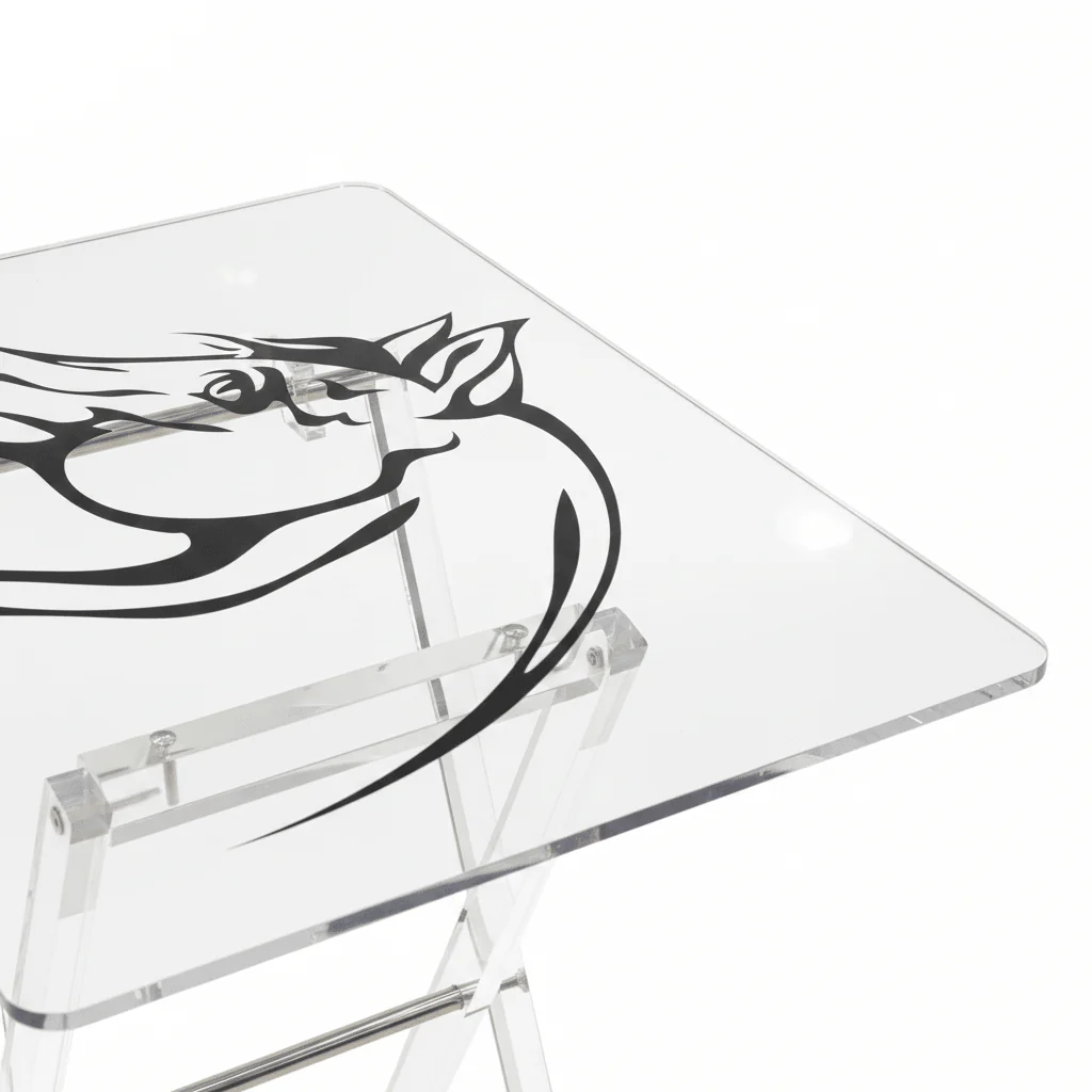 AKDC Clear Acrylic Coffee Table Set Featuring Black Horse Artwork Print Elegant Foldable 4-Piece Design 50x40x47 cm - Image 2