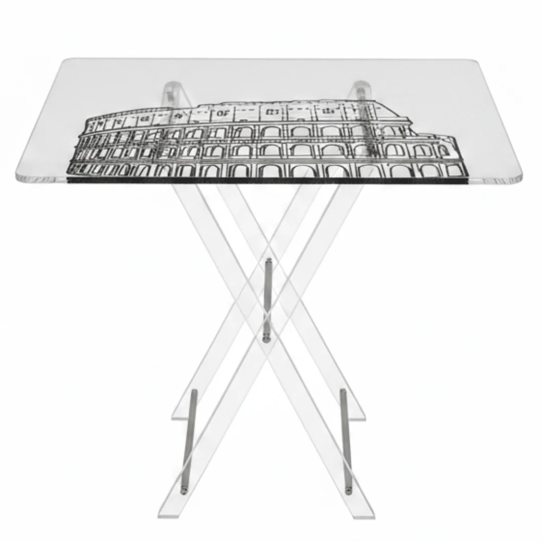 AKDC Clear Acrylic Foldable Coffee Table Set with Roman Colosseum Inspired Print Artistic Modern Furniture 50x40x47 cm