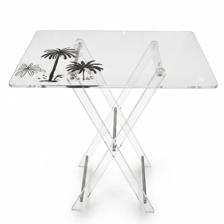 AKDC Clear Acrylic Folding Table Set with Black Palm Tree Print Design Decorative 4-Piece Living Room Furniture 50x40x47 cm