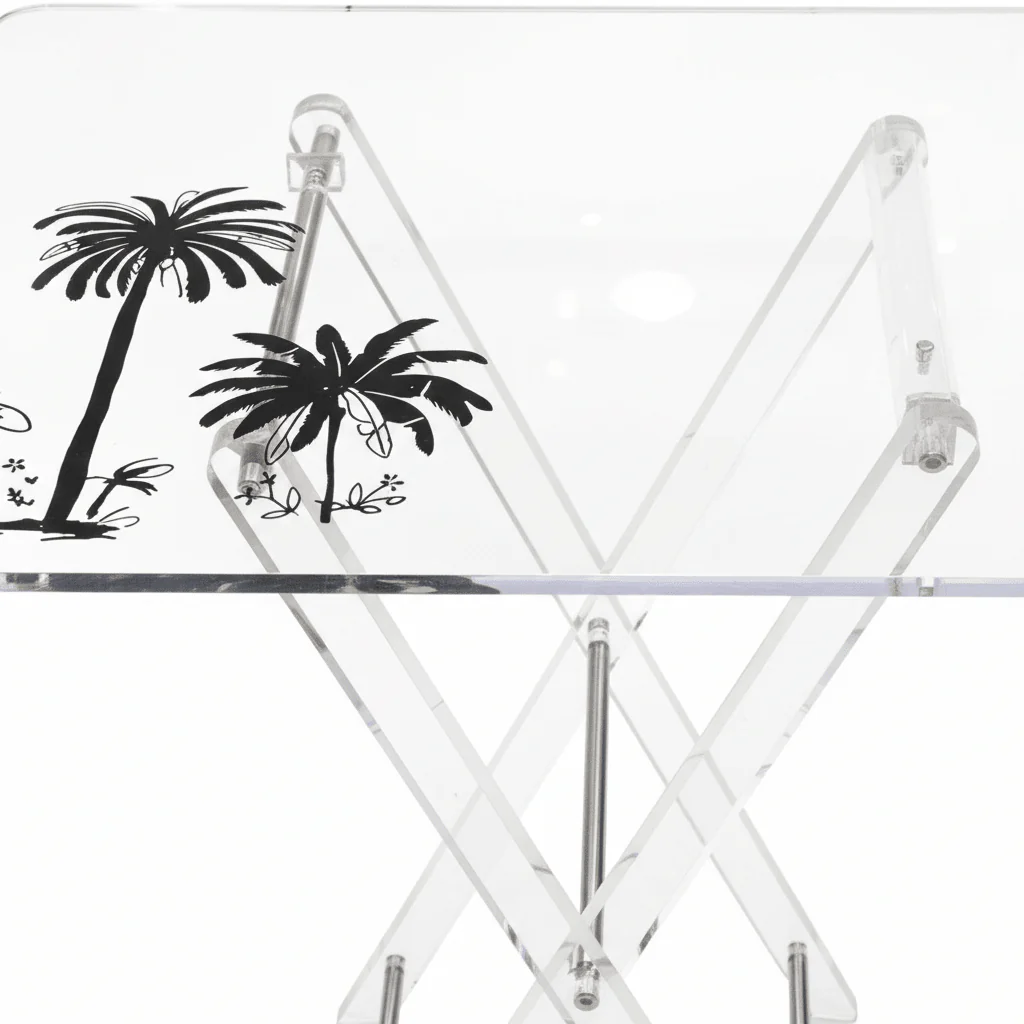 AKDC Clear Acrylic Folding Table Set with Black Palm Tree Print Design Decorative 4-Piece Living Room Furniture 50x40x47 cm - Image 2