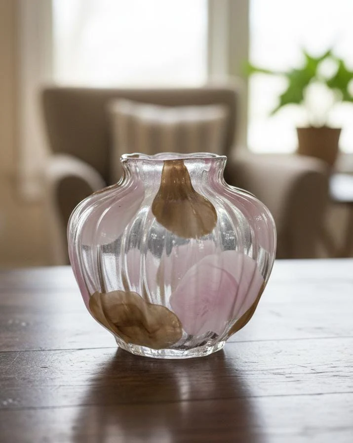 AKDC Compact Transparent Glass Vase with Soft Brown & Pink Pattern – 16×18 cm Modern Table Décor - Image 2