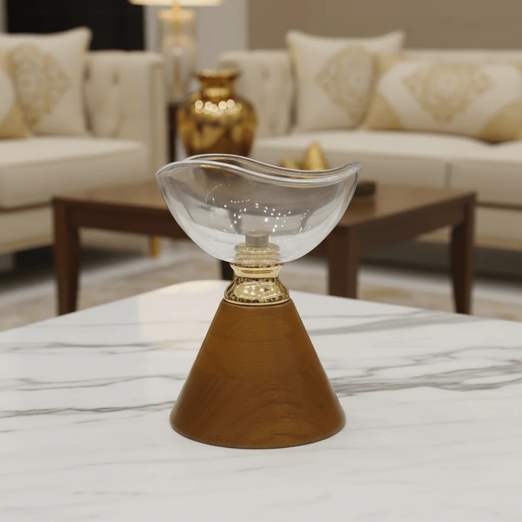 AKDC Compact Wooden Footed Glass Fruit Bowl – Decorative Table Piece for Small Spaces – 15x12 cm - Image 2