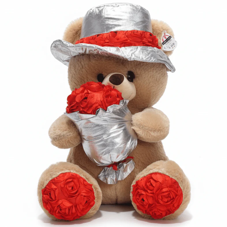AKDC Cream Color Teddy Bear Soft Plush Toy with Decorative Flower Bouquet – 50 cm Gift Stuffed Animal