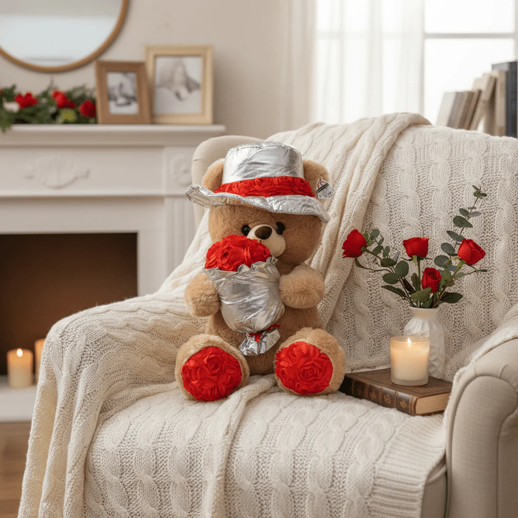 AKDC Cream Color Teddy Bear Soft Plush Toy with Decorative Flower Bouquet – 50 cm Gift Stuffed Animal - Image 2