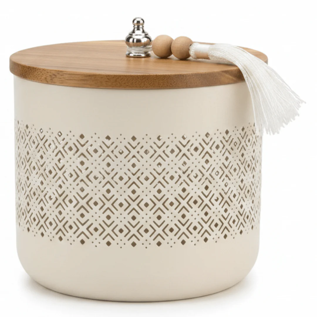 AKDC Cream Metal Candy Storage Jar with Wooden Lid – Elegant Kitchen Organizer for Sweets & Snacks – 18 × 17 cm