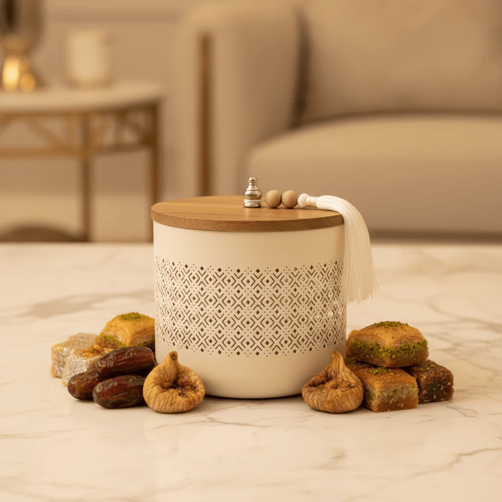 AKDC Cream Metal Candy Storage Jar with Wooden Lid – Elegant Kitchen Organizer for Sweets & Snacks – 18 × 17 cm - Image 2