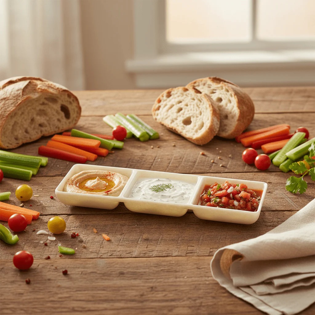 AKDC Cream Speckled Melamine Rectangle 3 Portion Sauce Bowl 3.5 Inch Triple Section Dip Tray for Condiments - Image 2