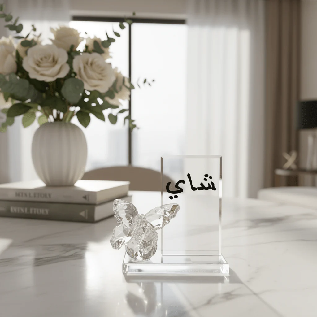 AKDC Crystal Glass Decorative Piece 12 cm – “Tea” Arabic Calligraphy Home Ornament - Image 2