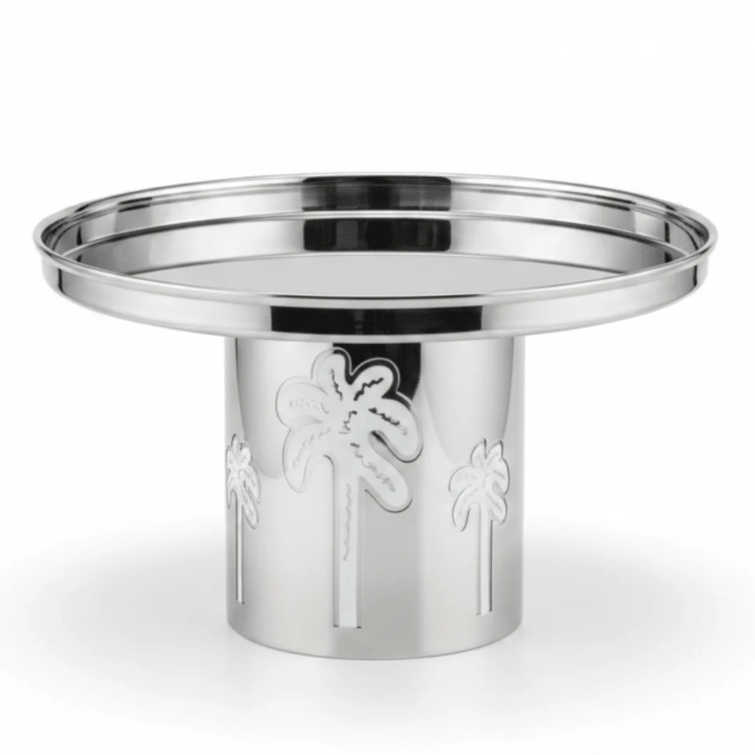 AKDC Decorative Stainless Steel Cake Stand with Palm Tree Design Base – Tropical Style Dessert Display – 26 × 16 cm