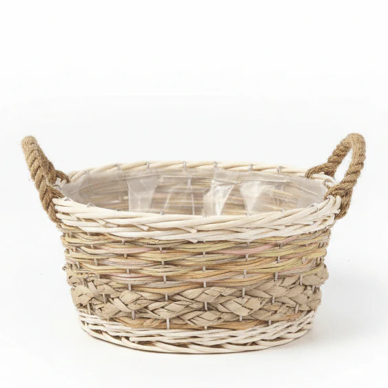 AKDC Deep Handwoven Rattan Storage Basket with Handle – Elegant Beige Finish, Large Capacity Organizer for Home & Utility Use, 27 × 21 × 12 cm