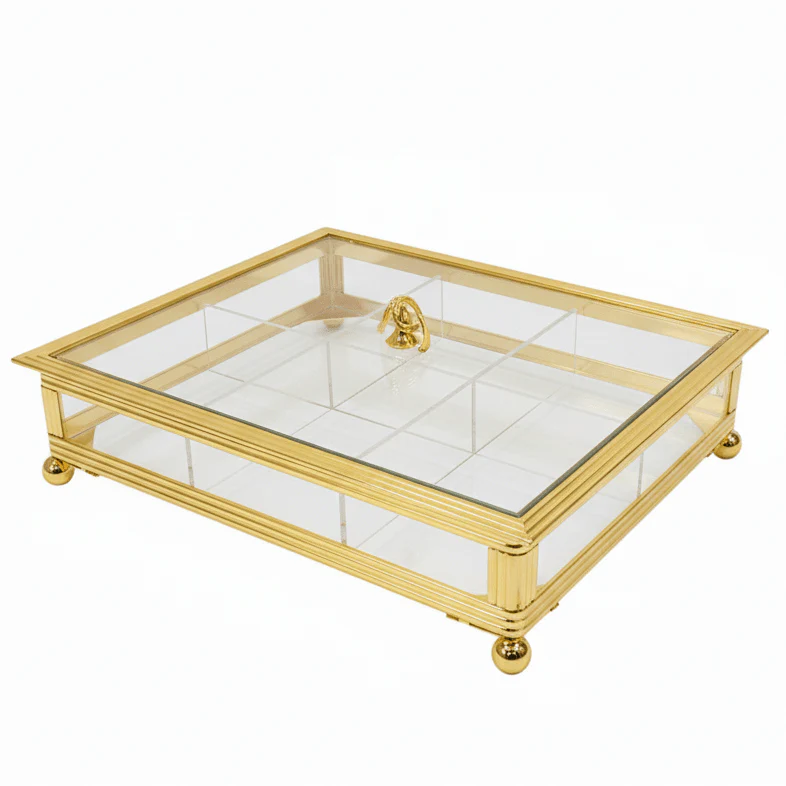 AKDC Deluxe 6-Compartment Candy & Snacks Tray with Golden Border and Lid – Party Serving Organizer 35×25 cm