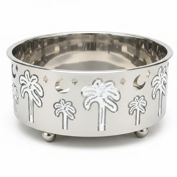 AKDC Designer Stainless Steel Salad Bowl with Palm Tree Design Base – Luxury Serving Bowl for Dining & Hosting – 23 × 10 cm