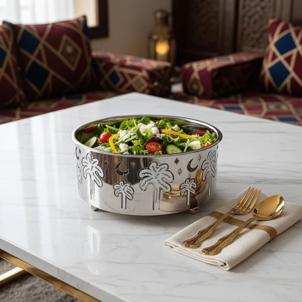 AKDC Designer Stainless Steel Salad Bowl with Palm Tree Design Base – Luxury Serving Bowl for Dining & Hosting – 23 × 10 cm - Image 2