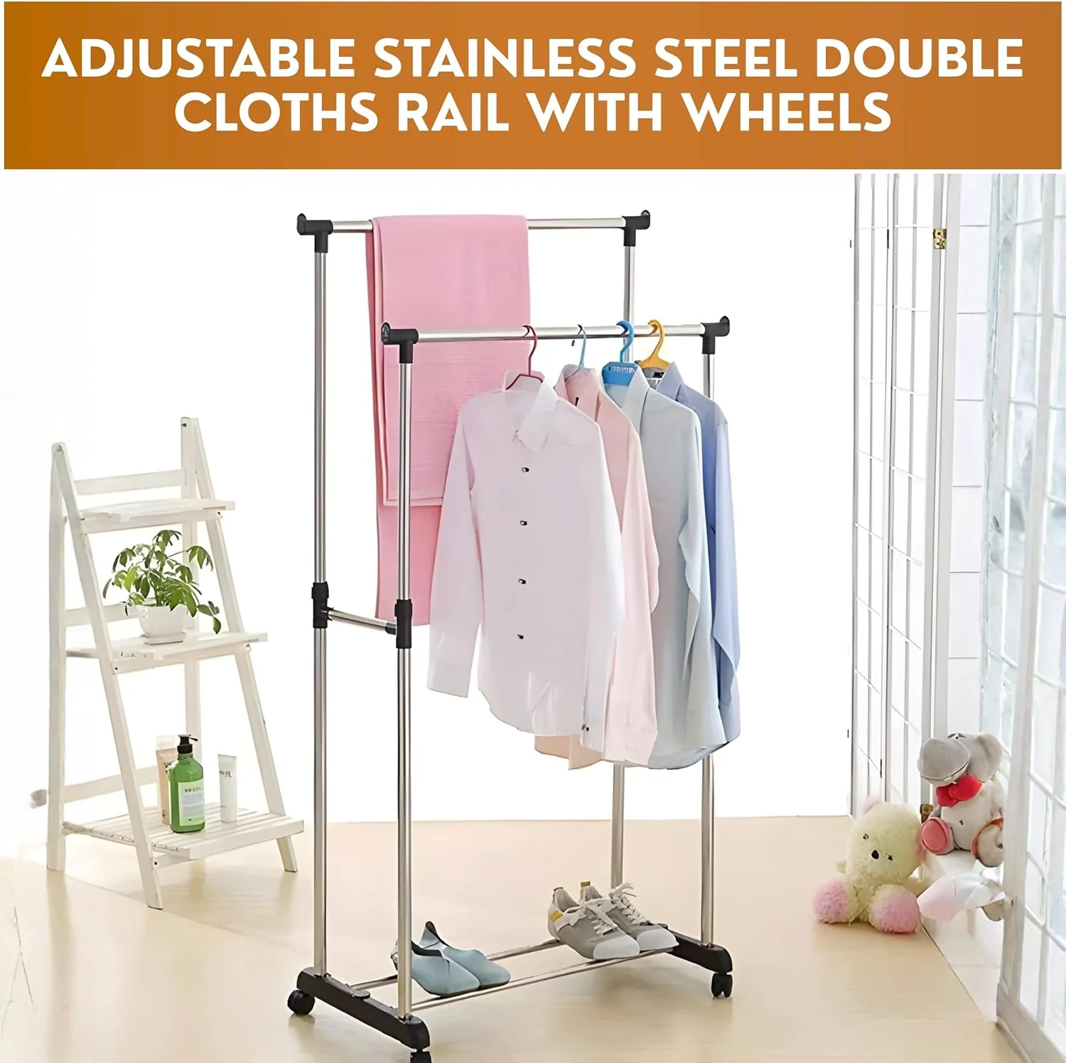 Leostar Double Garment Rack CD-1264 | Adjustable Height | Double Rail | With Wheels 82*42*92 CM - Image 2
