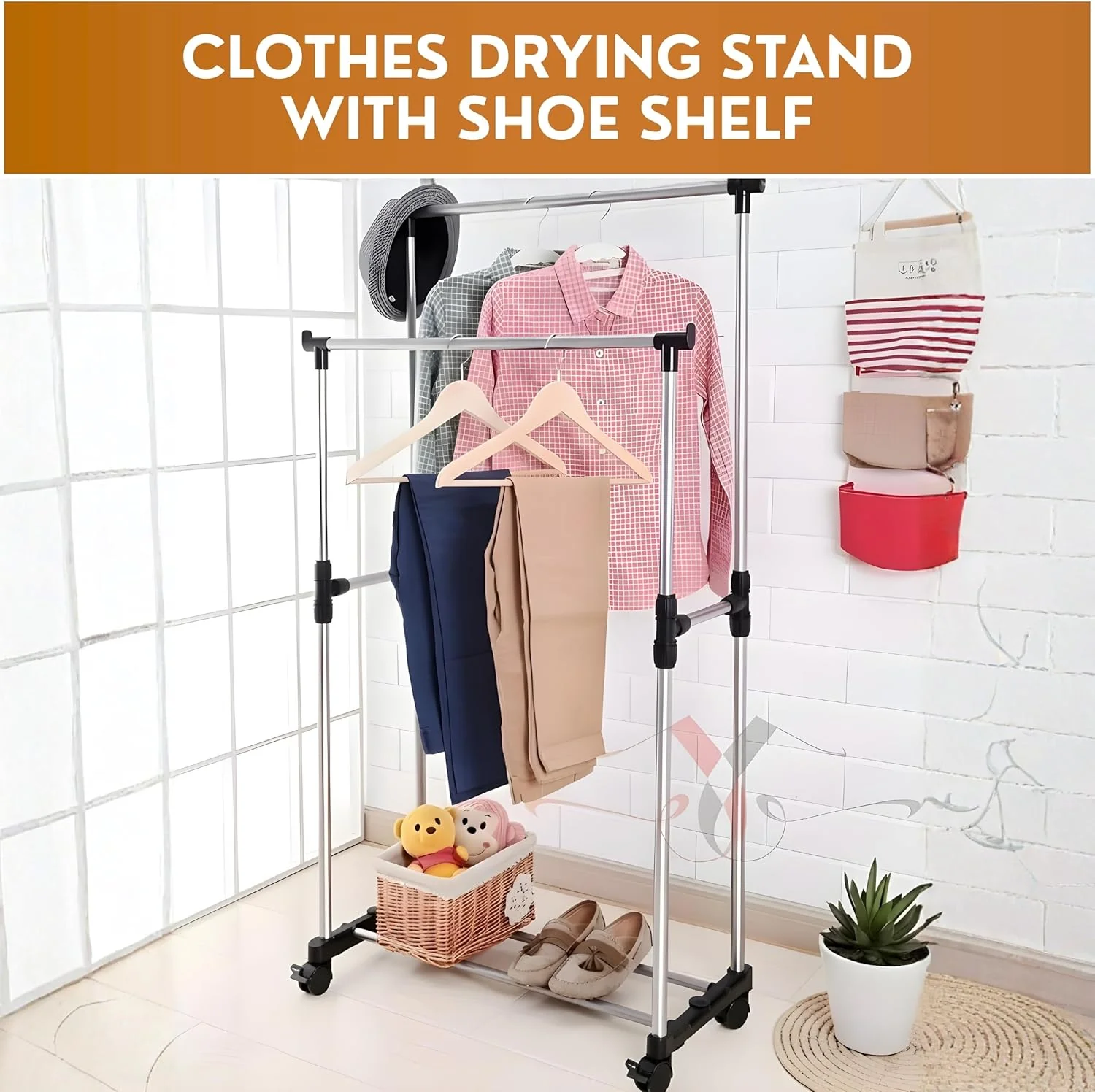 Leostar Double Garment Rack CD-1264 | Adjustable Height | Double Rail | With Wheels 82*42*92 CM - Image 3