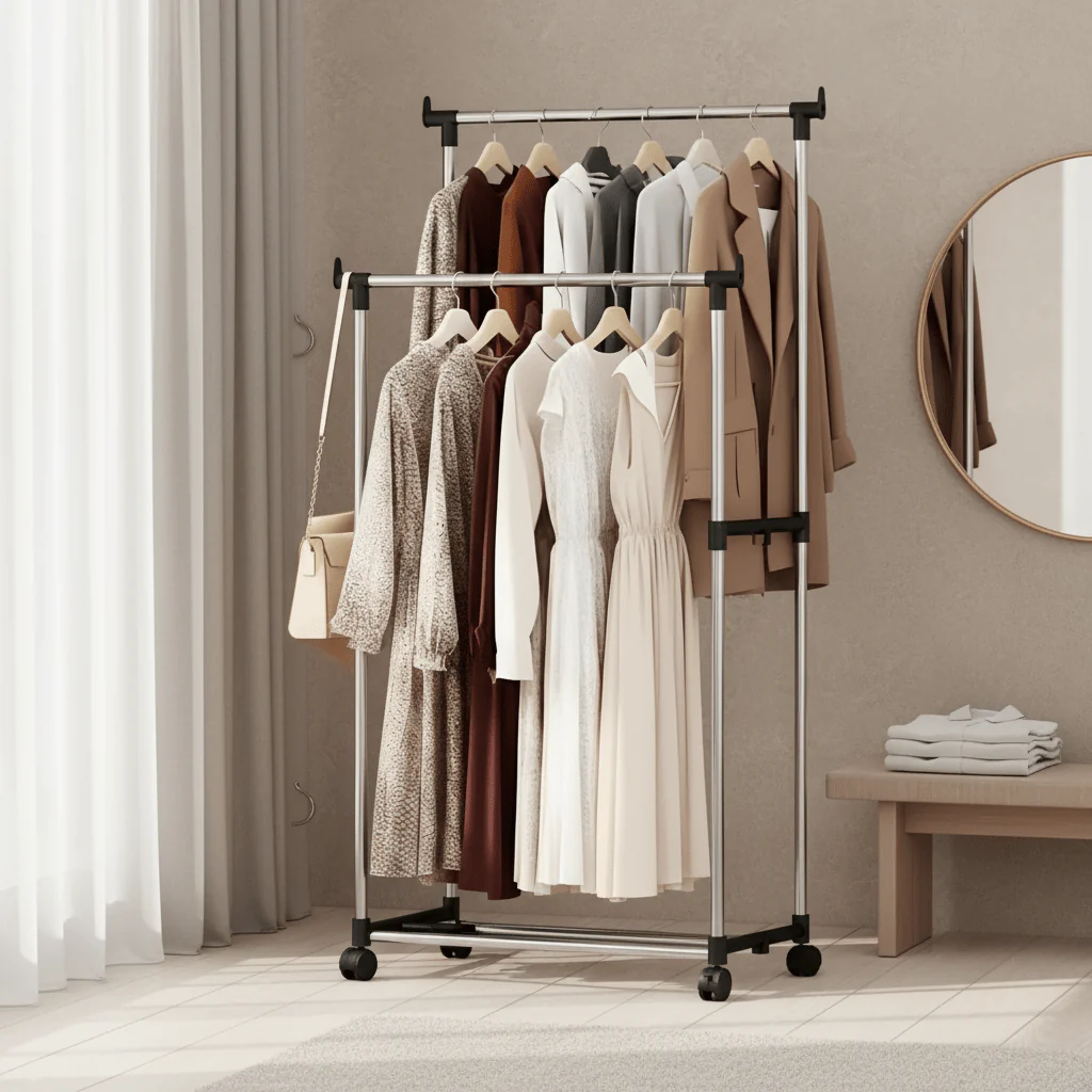 Leostar Double Garment Rack CD-1264 | Adjustable Height | Double Rail | With Wheels 82*42*92 CM - Image 7
