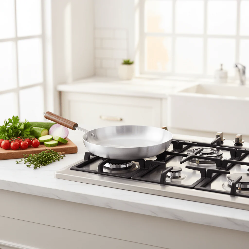 AKDC Durable Round Aluminum Fry Pan with Ergonomic Wooden Handle for Easy Grip Cooking – 28 cm - Image 3