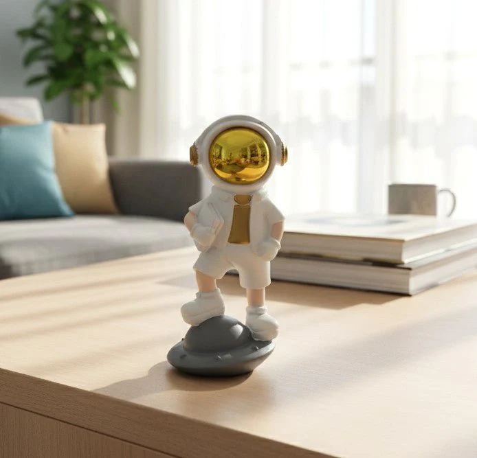 AKDC Elegant Ceramic Astronaut on White & Gold Spaceship Figurine – Modern Space Explorer Home Décor 14 cm - Image 2