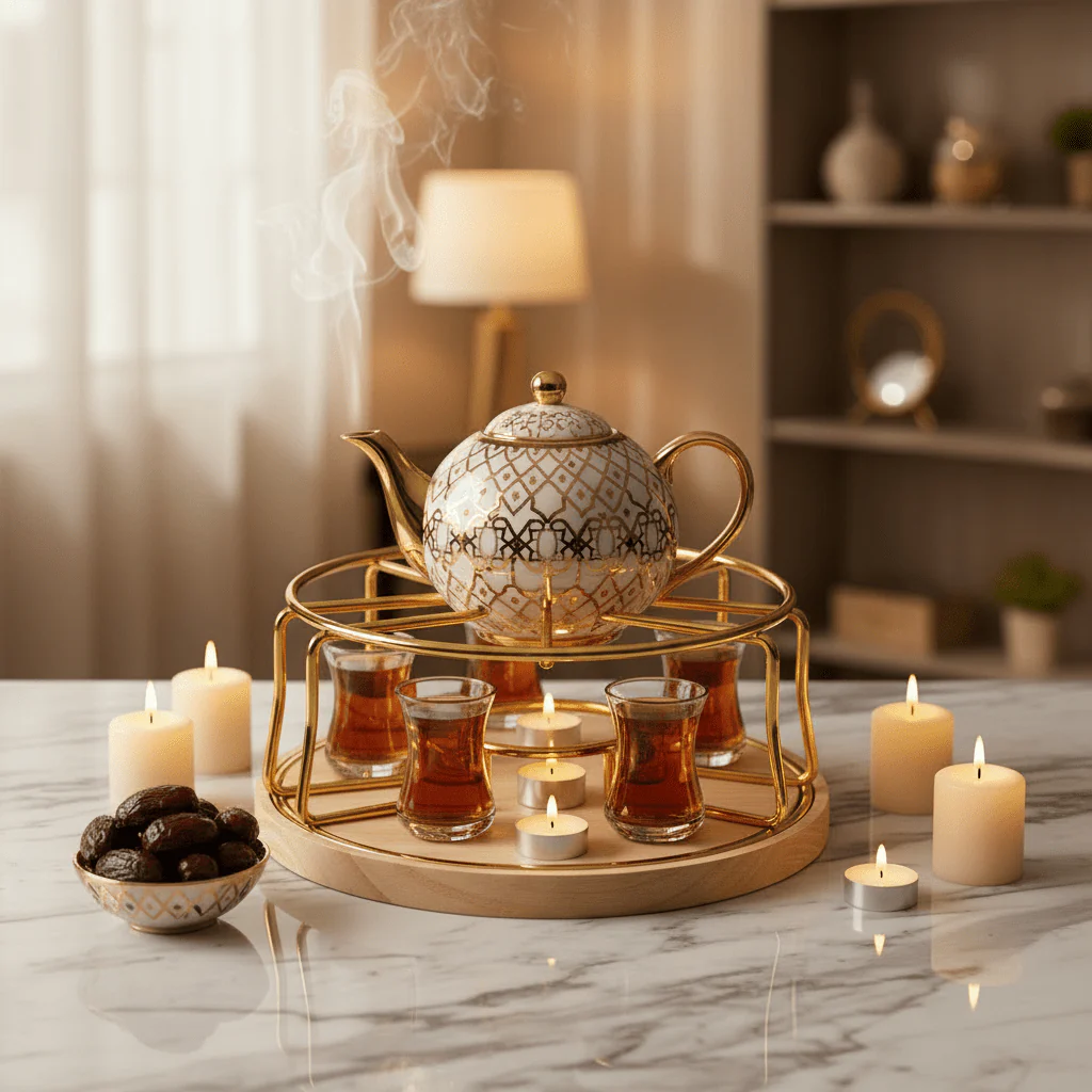 AKDC Elegant Gold Metal Teapot Warmer with Wooden Base for Keeping Tea Hot During Serving – 18x9cm - Image 2