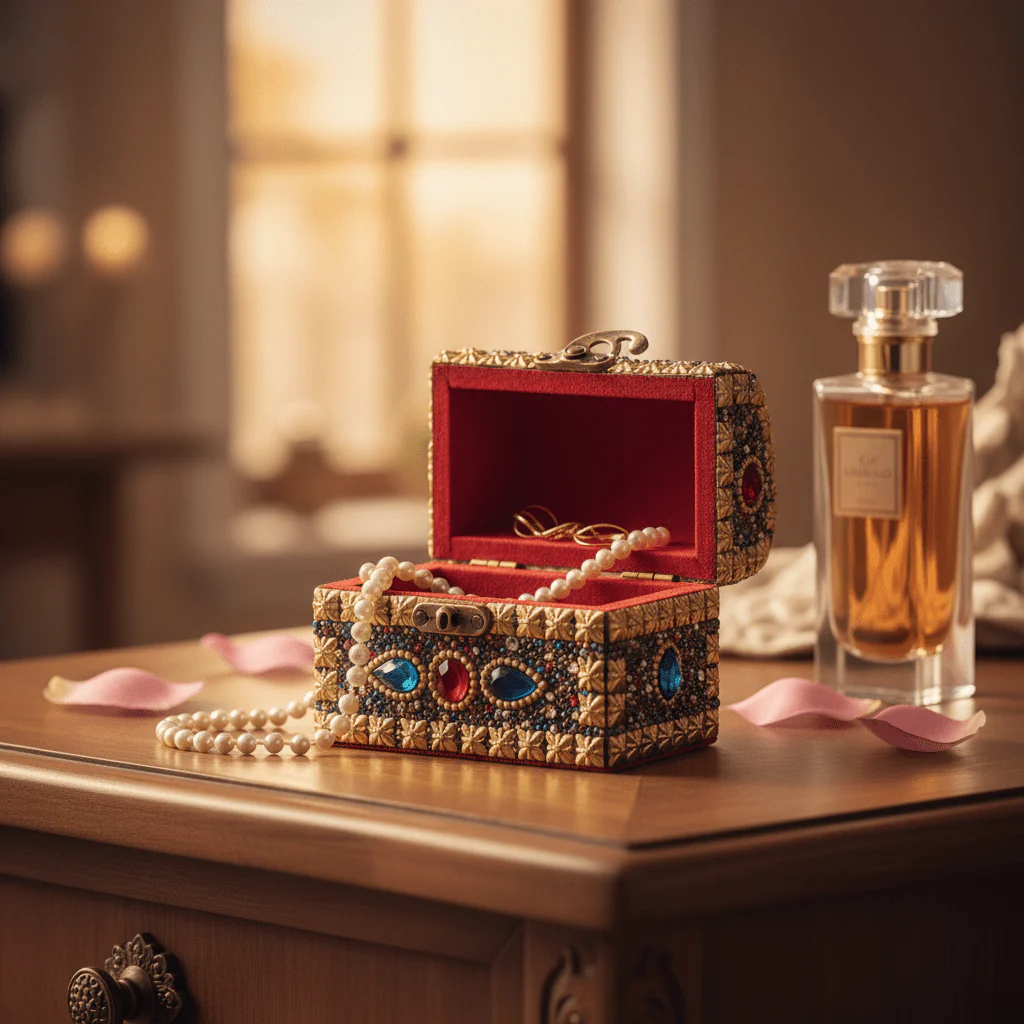 AKDC Elegant Golden Wooden Jewellery Box with Antique Brass-Tone Metal Latch, Compact Storage Organizer (4 inch) - Image 2