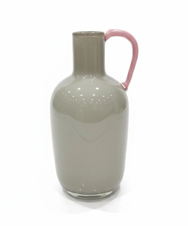 AKDC Elegant Gray Glass Vase with Premium Pink Handle – Decorative Home Accent – 30×15 cm