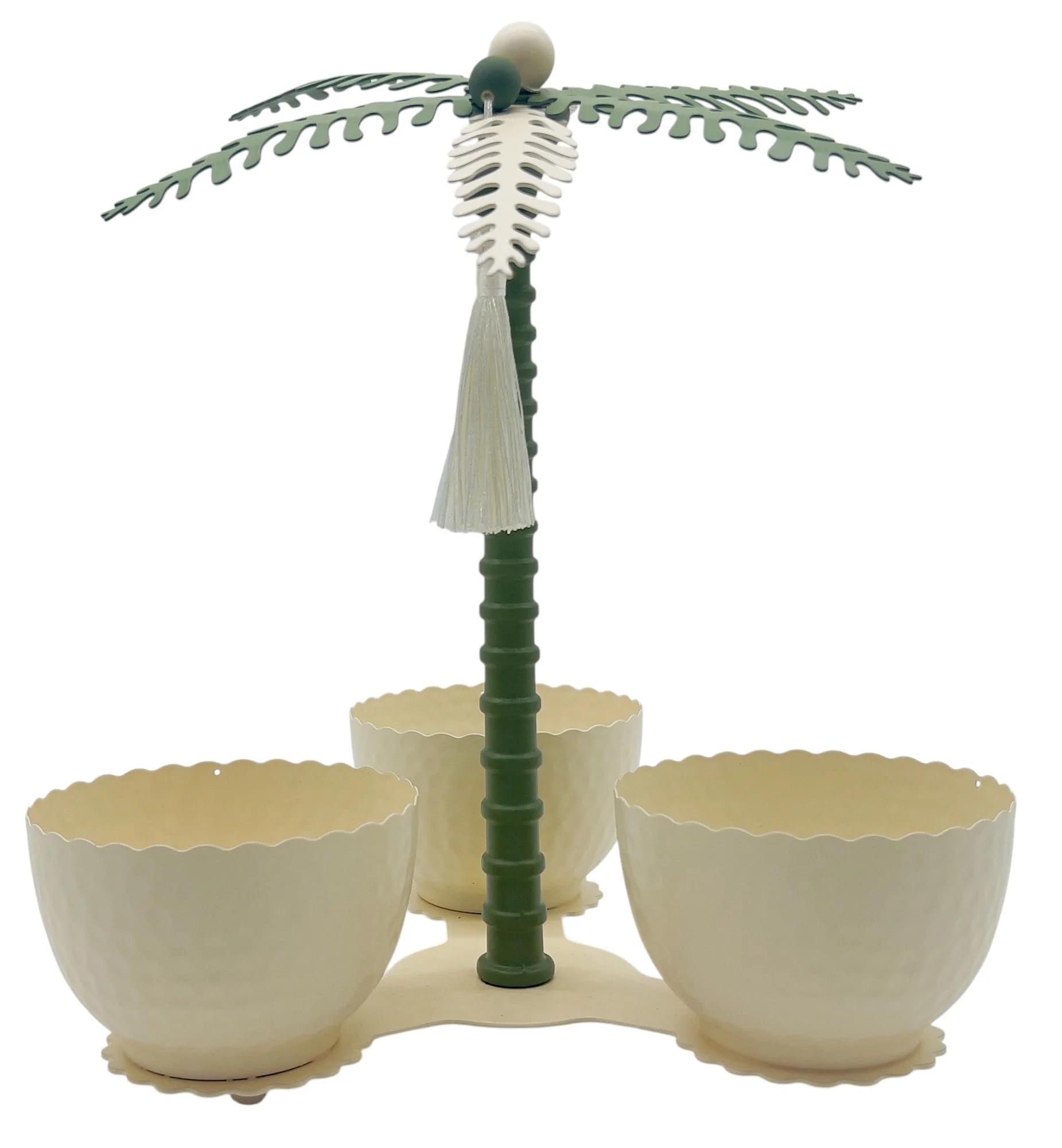 AKDC Elegant Palm Metal 3-Section Candy Bowl 350ml Each, Ivory/Green