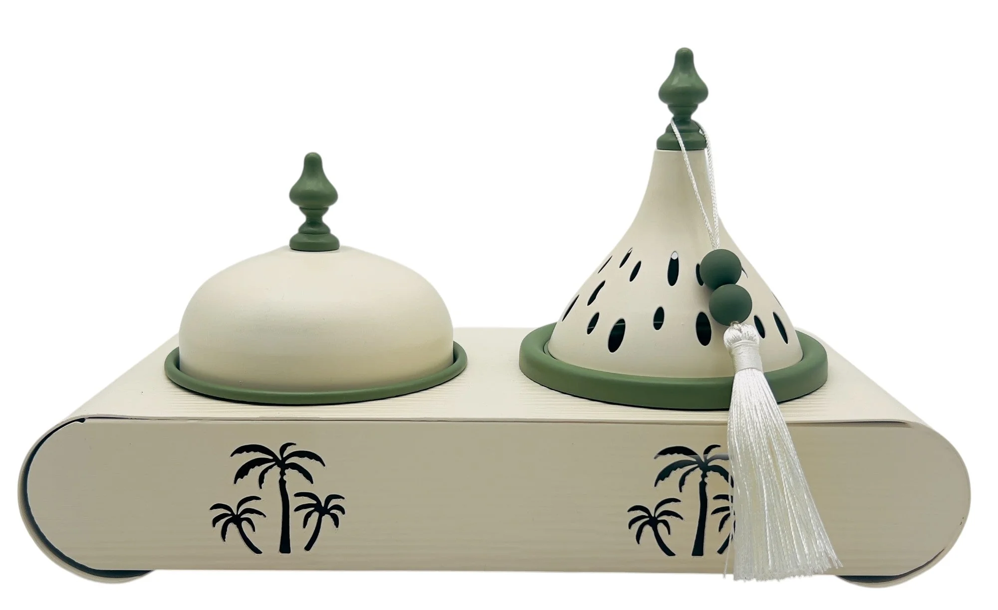 AKDC Elegant Palm Metal Incense Burner Set 30cm*13cm*17.5cm, Ivory/Green