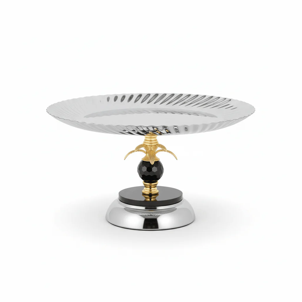 AKDC Elegant Round Silver Metal Serving Tray 30×15 cm Stylish Platter for Serving Desserts & Snacks
