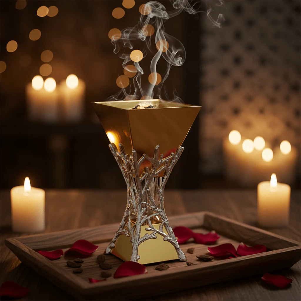 AKDC Elegant Silver and Gold Metal Incense Burner Premium Home Fragrance Burner 20cm - Image 2